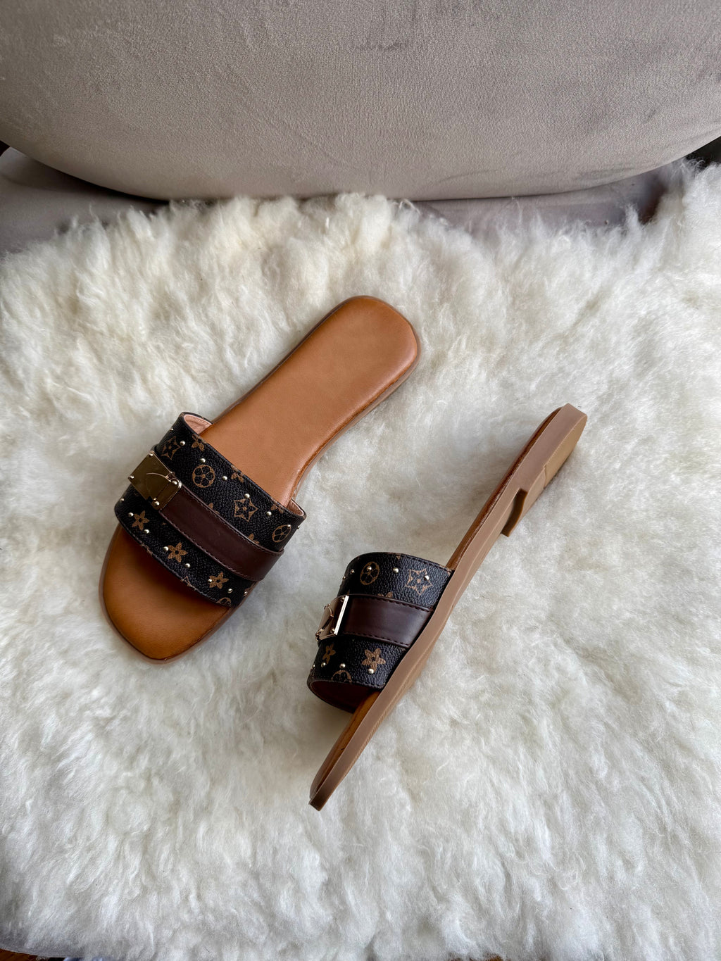 Monogram Gold Clasp Slide Sandals