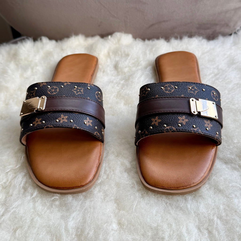 Monogram Gold Clasp Slide Sandals