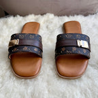 Monogram Gold Clasp Slide Sandals