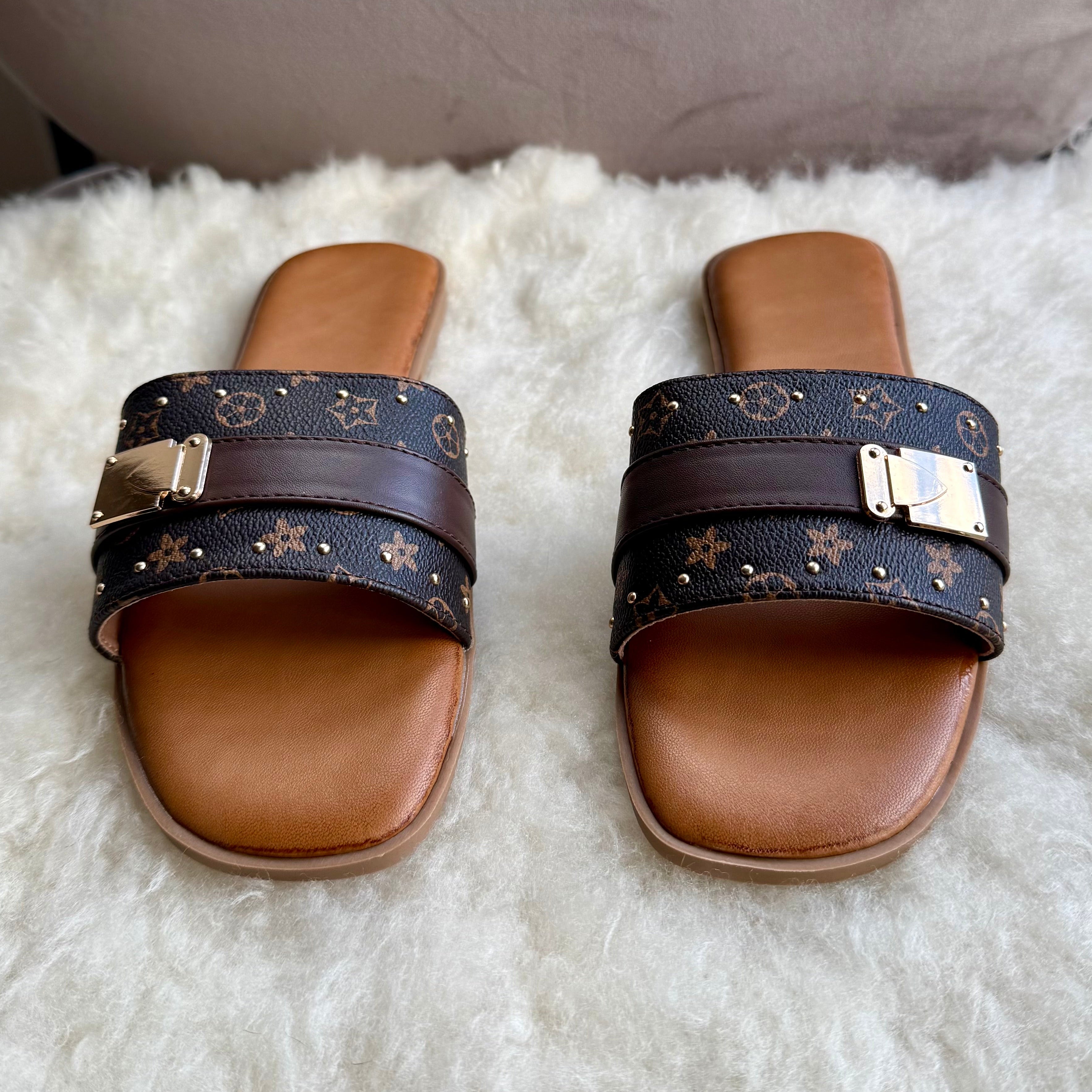 Monogram Gold Clasp Slide Sandals
