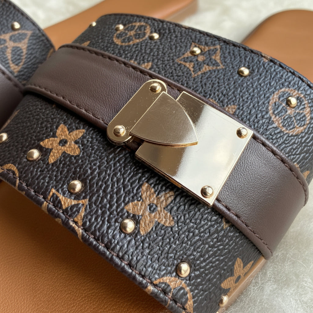 Monogram Gold Clasp Slide Sandals