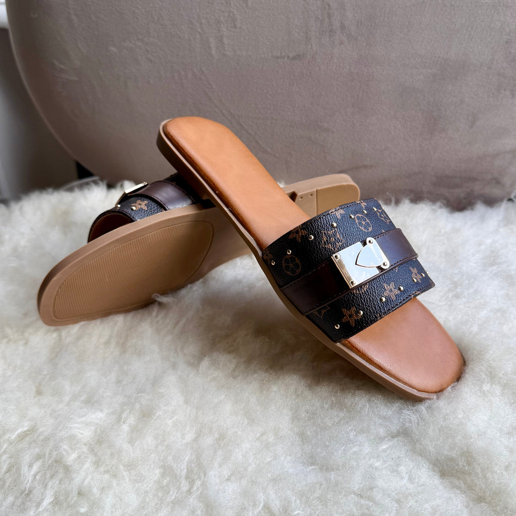 Monogram Gold Clasp Slide Sandals