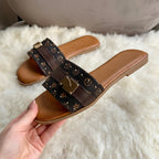 Monogram Gold Clasp Slide Sandals